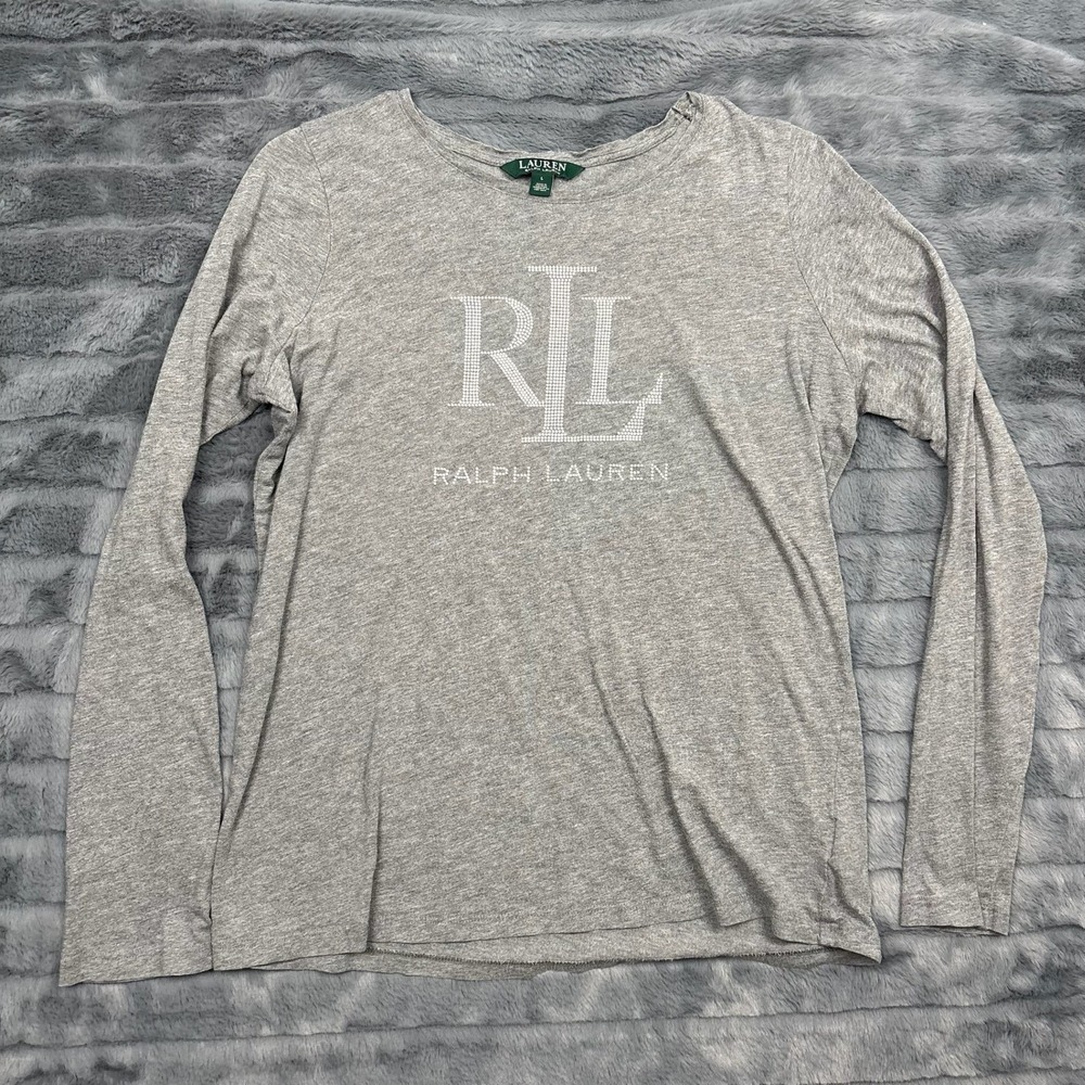 Lauren Ralph Lauren Gray Rhinestone Logo Long Sleeve Tee Shirt Womens L 8763